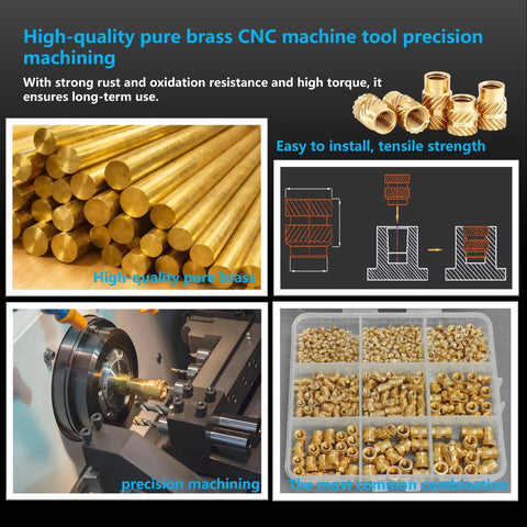 Pure brass CNC machine tool precision machining process and brass threaded inserts kit for 3D printing and plastic projects.