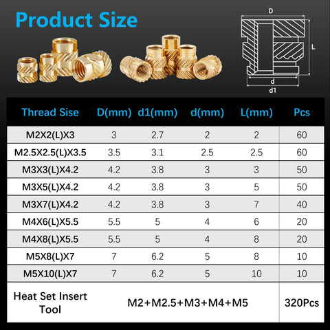 All-In-One Heat Set Brass Threaded Inserts Kit For 3D Printing And Plastic Projects Includes M2 M2.5 M3 M4 M5 Knurled Nuts 320 Plus 6-Piece Premium Brass Inserts With Extended Tip Heat Set Tool For DIY Makers And Pros product size chart and knurled inserts diagram.