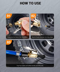 Step-by-step usage of Brass Locking Tire Air Chuck Set For Twist On To Lock On Conversion, showing hands using the air inflator on a tire.