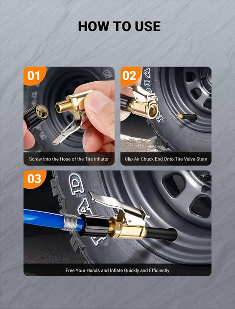 Step-by-step usage of Brass Locking Tire Air Chuck Set For Twist On To Lock On Conversion, showing hands using the air inflator on a tire.