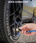 Brass Locking Tire Air Chuck Set For Twist On To Lock On Conversion connecting to car tire, ensuring hands-free tire inflation.
