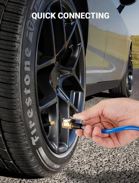 Brass Locking Tire Air Chuck Set For Twist On To Lock On Conversion connecting to car tire, ensuring hands-free tire inflation.
