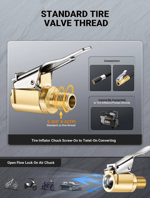 Brass Locking Tire Air Chuck Set For Twist On To Lock On Conversion with fine thread valve, shown with hose adapter.