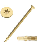 14 x 4 Inch Reamer Tek Torx Star Head Self Drilling Screws With T30 Head Brass Pack Of 25 shown in close-up view