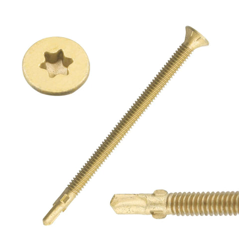 14 x 4 Inch Reamer Tek Torx Star Head Self Drilling Screws With T30 Head Brass Pack Of 25 shown in close-up view