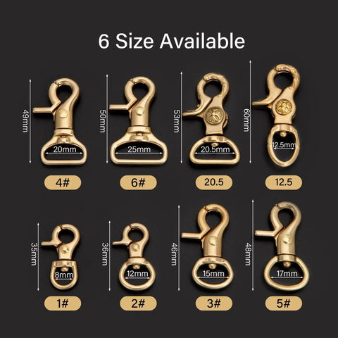 Solid Brass Trigger Snap Hooks Swivel Lobster Clasps For Straps Bags Belting Leathercraft Heavy Duty Clips in 6 sizes shown