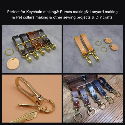 Solid Brass Trigger Snap Hooks Swivel Lobster Clasps for straps, leathercraft, showing various sizes and colors, ideal for keychains.
