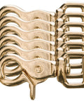 Six Pack Brass Plated Trigger Snap With Square Swivel Eye, ideal for tack, dog leashes, ropes, and farm use, shown stacked.