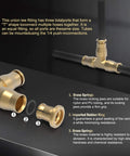 Brass Union Tee Air Line Fittings One Quarter Inch T Fitting For Pneumatic Systems And Air Suspension For DIY Pros Heavy Duty Brass Pneumatic Connectors with black hoses, close-up view.