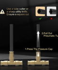 Instructions showing installation of Brass Union Tee Air Line Fittings One Quarter Inch T Fitting For Pneumatic Systems And Air Suspension For DIY Pros Heavy Duty Brass Pneumatic Connectors With High Pressure Up To 362.5 Psi Reliable Leak Free Performance