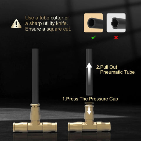 Instructions showing installation of Brass Union Tee Air Line Fittings One Quarter Inch T Fitting For Pneumatic Systems And Air Suspension For DIY Pros Heavy Duty Brass Pneumatic Connectors With High Pressure Up To 362.5 Psi Reliable Leak Free Performance