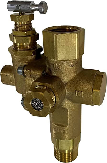 One Half Inch NPT Top Inlet Unloader Pilot Check Valve All In One With 36 Inch Throttle Control Cable For Six Point Five HP Gas Air Compressors And Below 140 To 175 PSI showing brass construction