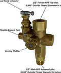 One Half Inch NPT Top Inlet Unloader Pilot Check Valve All In One With 36 Inch Throttle Control Cable For Six Point Five HP Gas Air Compressors And Below 140 To 175 PSI, showing brass valve assembly with NPT inlets and outlets
