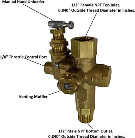 One Half Inch NPT Top Inlet Unloader Pilot Check Valve All In One With 36 Inch Throttle Control Cable For Six Point Five HP Gas Air Compressors And Below 140 To 175 PSI, showing brass valve assembly with NPT inlets and outlets