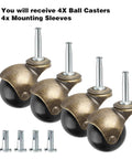 Brass Vintage Antique 2 Inch Ball Caster Wheels Set of 4 with Mounting Sleeves, designed for furniture chairs cabinets, 500 LBS Capacity