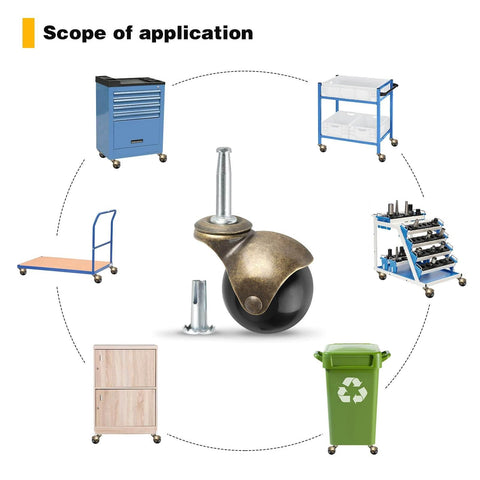 Applications of Brass Vintage Antique 2 Inch Ball Caster Wheels for furniture, chairs, cabinets with sleeve mount, 500 lbs capacity.