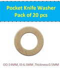 Brass Washer Gasket Set For Knife Pivot Pins 20 Pcs Replacement on display with measurements
