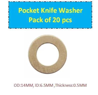 Brass Washer Gasket Set For Knife Pivot Pins 20 Pcs Replacement on display with measurements