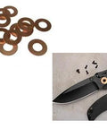Brass Washer Gasket Set For Knife Pivot Pins 20 Pcs Replacement shown with installed example on knife