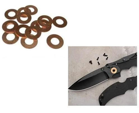 Brass Washer Gasket Set For Knife Pivot Pins 20 Pcs Replacement shown with installed example on knife