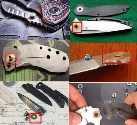 Close-up views of brass washer gasket set for knife pivot pins installation, showcasing compatibility with various knife models.