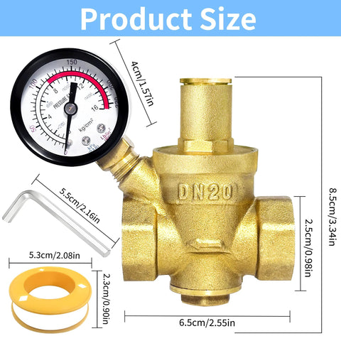 Heavy Duty Brass Water Pressure Regulator With Gauge, 3/4 Inch NPT Thread DN20, dimensions with wrench and tape