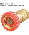 Brass Water Pressure Regulator for Garden Hose and RV Systems with red grip, preset 40-50 PSI, lead-free brass, 3/4-inch connections.