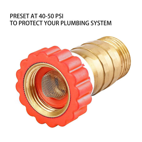 Brass Water Pressure Regulator for Garden Hose and RV Systems with red grip, preset 40-50 PSI, lead-free brass, 3/4-inch connections.