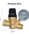 Adjustable RV water pressure regulator with gauge and 3/4 inch NH thread, showing product size in brass finish for RVs and campers.