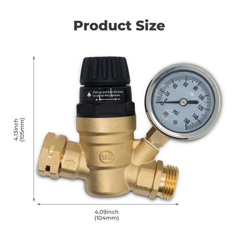 Adjustable RV water pressure regulator with gauge and 3/4 inch NH thread, showing product size in brass finish for RVs and campers.