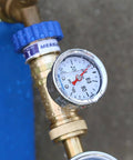 Lead Free Brass Water Pressure Regulator For RVs And Campers MeasureMan Garden Hose Thread with Pressure Dial Gauge close-up
