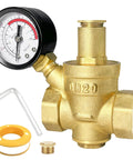 Heavy Duty Brass Water Pressure Regulator With Gauge, 3/4 Inch NPT Thread DN20, includes wrench and sealing tape