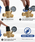 Adjustable RV water pressure regulator with gauge showing knob adjustment process for easy pressure control.