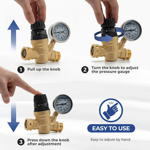 Adjustable RV water pressure regulator with gauge showing knob adjustment process for easy pressure control.