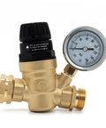 adjustable RV water pressure regulator with gauge and brass design