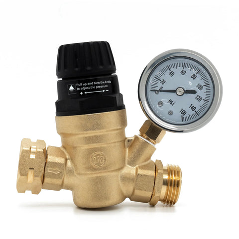 adjustable RV water pressure regulator with gauge and brass design