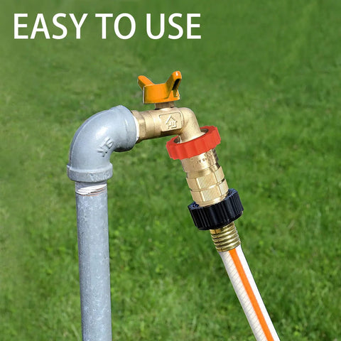 Brass Water Pressure Regulator for Garden Hose and RV Systems Keeps 40 To 50 Psi and Tames Surges installed on outdoor pipe