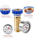 Lead Free Brass Water Pressure Regulator For RVs And Campers MeasureMan Three Quarter Inch Garden Hose Thread GHT With Zero To One Hundred PSI Dial Gauge