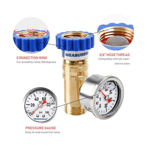 Lead Free Brass Water Pressure Regulator For RVs And Campers MeasureMan Three Quarter Inch Garden Hose Thread GHT With Zero To One Hundred PSI Dial Gauge
