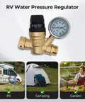 Adjustable RV water pressure regulator with gauge for campers and garden hoses.