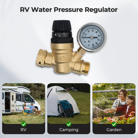 Adjustable RV water pressure regulator with gauge for campers and garden hoses.