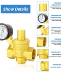 Image showcasing a brass water pressure regulating valve with DN20 inlet, highlighting pressure gauge and durable brass construction.