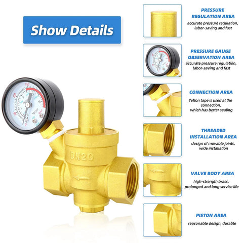 Image showcasing a brass water pressure regulating valve with DN20 inlet, highlighting pressure gauge and durable brass construction.