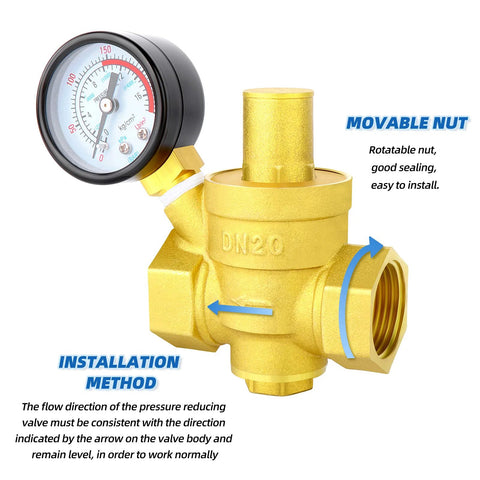 brass water pressure regulating valve with gauge, DN20 inlet