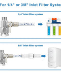 Brass Water Splitter And Go-To Feed Adapter For RO Systems Refrigerator And Ice Maker Three Eighths Inch To Three Eighths Inch To One Quarter Inch Tee Valve With G One Half Inch To G One Half Inch To One Quarter Inch Push In Quick Connect Fittings Lead displayed with inlet filter systems.
