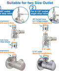 Brass Water Splitter And Go-To Feed Adapter For RO Systems Refrigerator And Ice Maker Three Eighths Inch To Three Eighths Inch To One Quarter Inch Tee Valve With G One Half Inch To G One Half Inch To One Quarter Inch Push In Quick Connect Fittings Lead, suitable for two size outlet connections.
