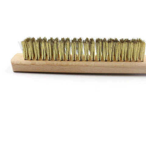 Side view of Soft Brass Bristle Wire Brush with 10-inch Beechwood Handle for Cleaning Metal Rust, Welds, Home and Kitchen