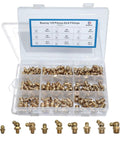Brass Zerk Grease Fitting Kit Set 135 Pieces For M6 M8 M10 in plastic storage box with straight, 90 and 45 degree angles visible