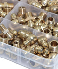 Brass Zerk Grease Fitting Kit Set 135 Pieces For M6 M8 M10 shown in a plastic storage box, includes various angle fittings