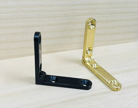 Solid Brass Heavy Duty Jewelry Box Side Rail Hinge Set in polished and black lacquer finish, 92 to 95 degree open, side view.